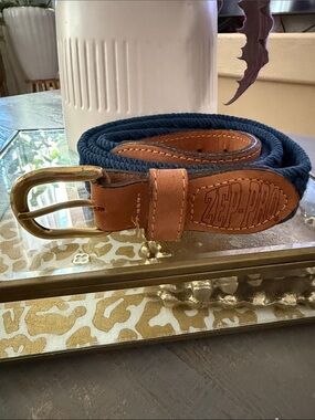 Zep-Pro Navy Woven Belt with Tan Leather Trim and Brass Buckle